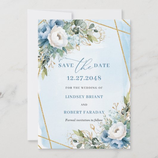 Rustic Dusty Blue White Gold Peonies Save The Date 招待状 (正面)