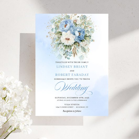 Rustic Dusty Blue White Peony Eucalyptus Gold Wedd 招待状