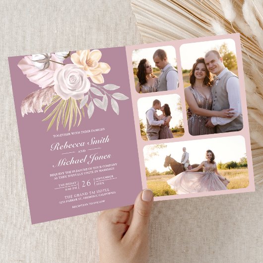 Rustic Dusty Mauve ピンクの花のQRコード ウェディング 招待状