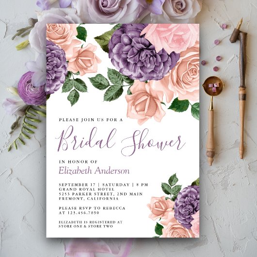 Rustic Dusty Peach Purple Floral Bridal Shower     招待状
