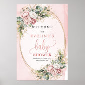 Rustic Dusty Pink Floral ベビーシャワーのウェルカムサイン ポスター (正面)