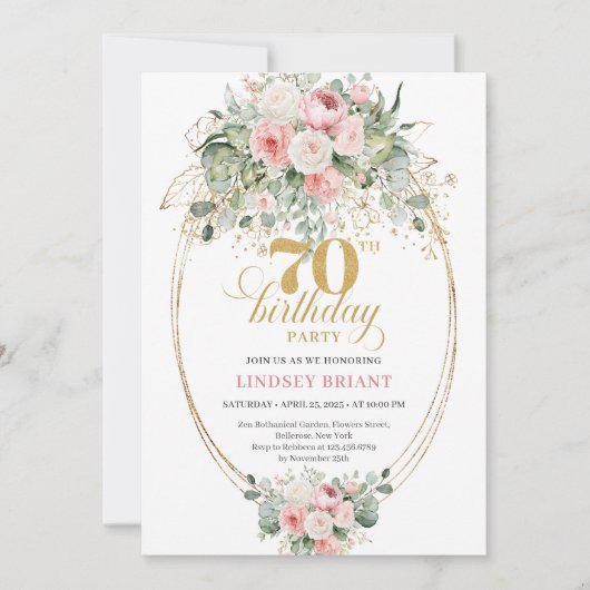 Rustic Dusty Pink Greenery 70th Birthday Invitatio 招待状 (正面)