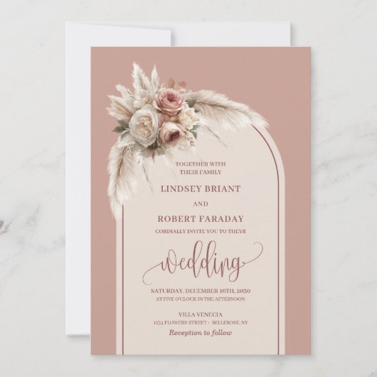Rustic Dusty Pink Pampas Flowers Wedding Invites 招待状 (正面)