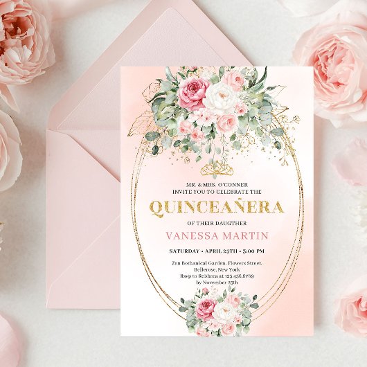 Rustic Dusty Pink Rose Gold Quinceañera Invite 招待状