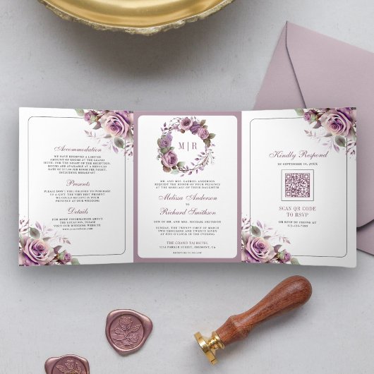 Rustic Dusty Purple Floral QRコード ウェディング 三つ折り招待状