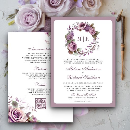 Rustic Dusty Purple Floral QRコード ウェディング 招待状