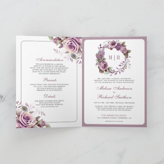 Rustic Dusty Purple Floral QR Code Wedding 招待状 (内部)