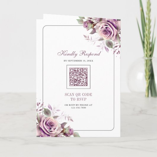 Rustic Dusty Purple Floral QR Code Wedding 招待状 (裏面)