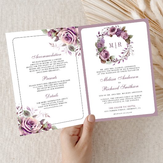 Rustic Dusty Purple Floral QR Code Wedding 招待状