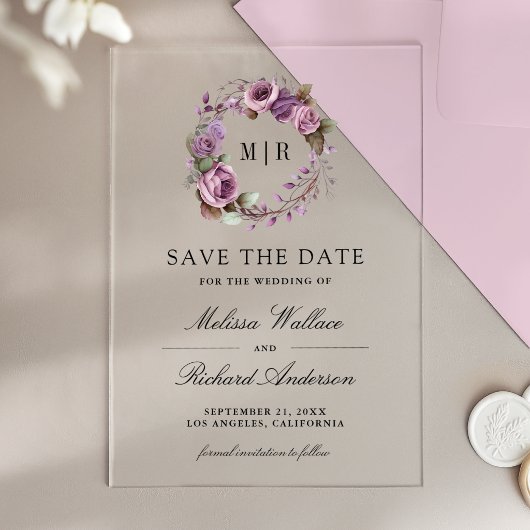 Rustic Dusty Purple Floral Wedding Save the Date アクリル招待状