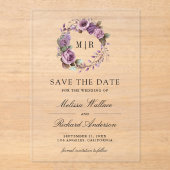 Rustic Dusty Purple Floral Wedding Save the Date アクリル招待状 (正面)