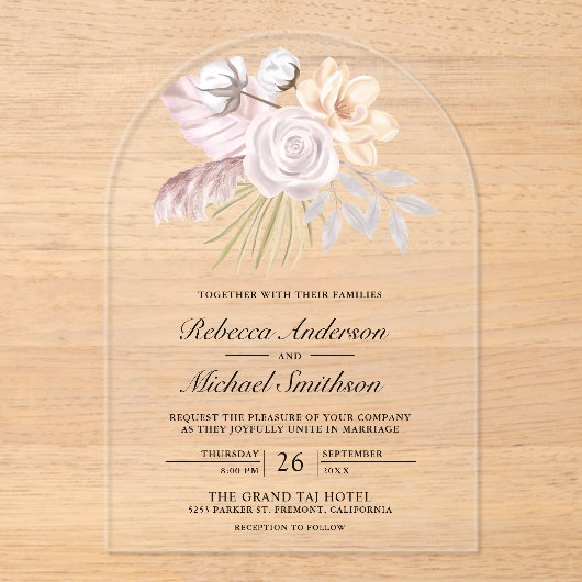 Rustic Dusty Rose Pink Floral Wedding アクリル招待状 (正面)