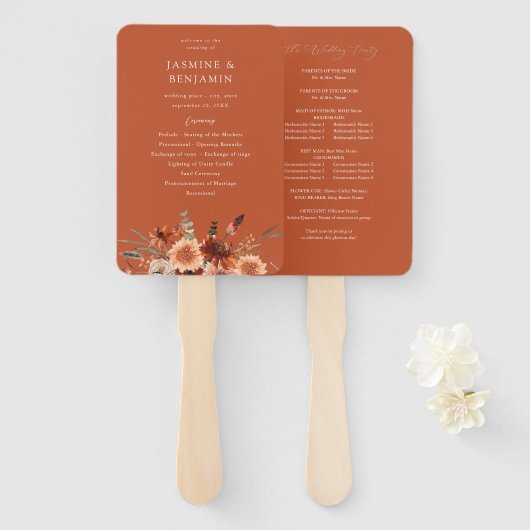 Rustic Earth & Champagne Florals ウェディングプログラムT ハンドファン (正面&裏面)