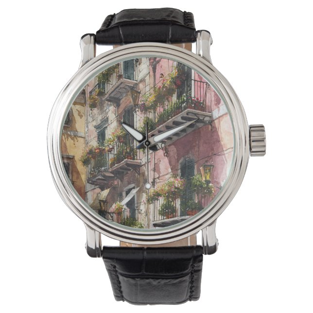 Rustic Earth Tones Balcony Scene Watch 腕時計 (正面)