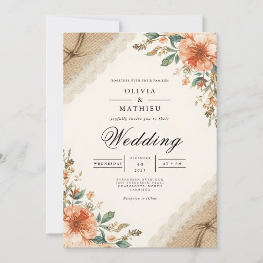 Rustic Earthy Bloom Flourish Wedding 招待状 (正面)