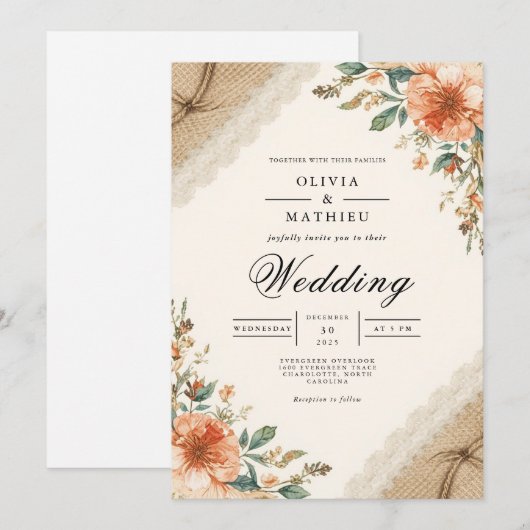 Rustic Earthy Bloom Flourish Wedding 招待状 (正面/裏面)