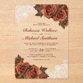 Rustic Earthy Dusty Terracotta Rose Lace Wedding アクリル招待状 (正面)