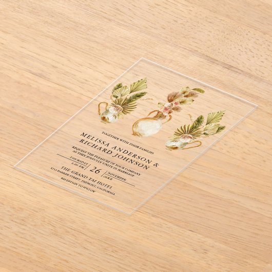 Rustic Earthy Floral Pots Dried Boho Palm Wedding アクリル招待状 (レイダウン)