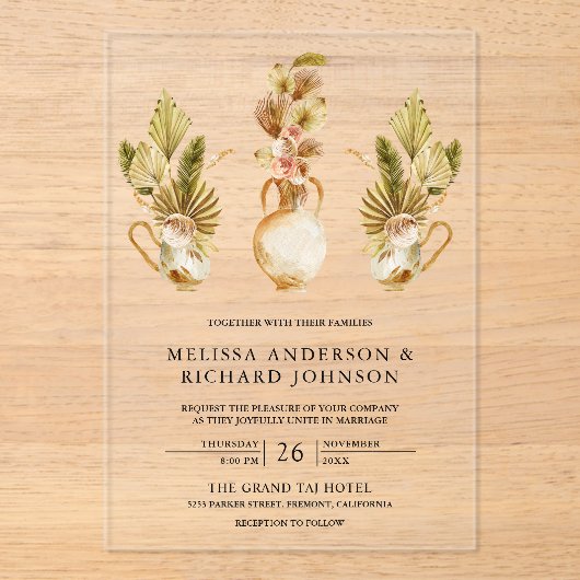 Rustic Earthy Floral Pots Dried Boho Palm Wedding アクリル招待状 (正面)