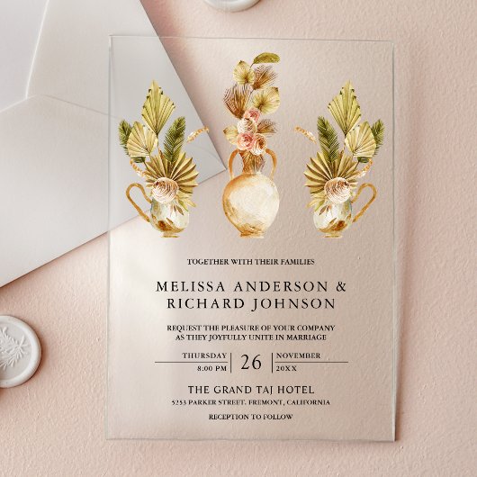 Rustic Earthy Floral Pots Dried Boho Palm Wedding アクリル招待状