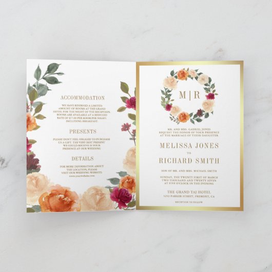 Rustic Earthy Floral Wreath QR Code Wedding 招待状 (内部)