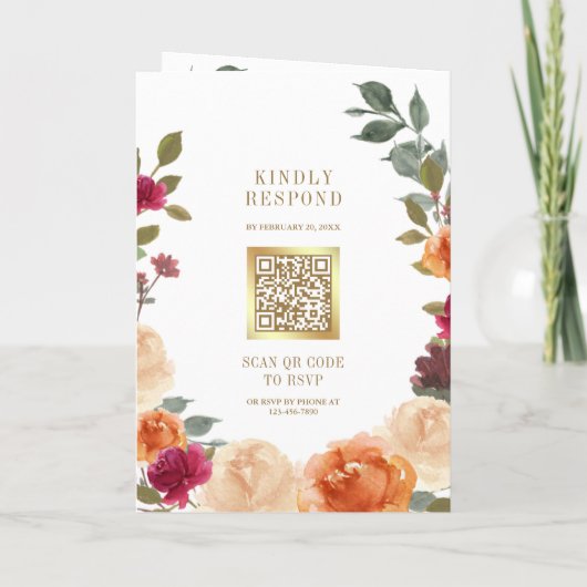 Rustic Earthy Floral Wreath QR Code Wedding 招待状 (裏面)