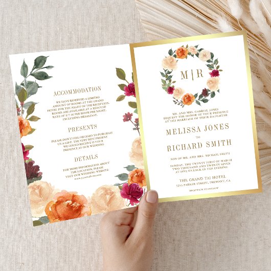 Rustic Earthy Floral Wreath QR Code Wedding 招待状