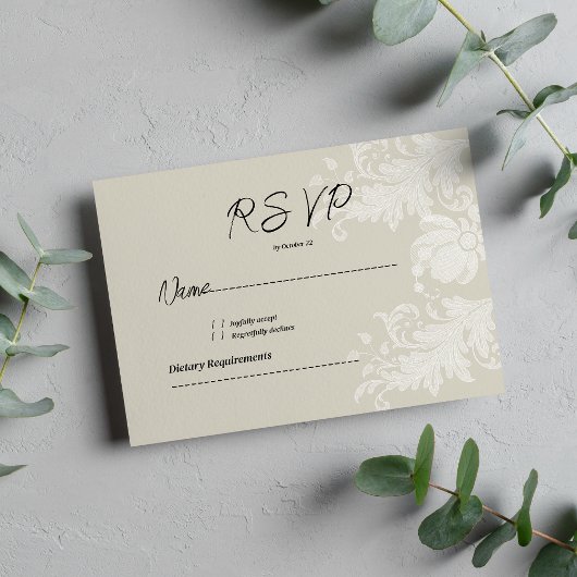 Rustic earthy neutral white floral lace RSVP 招待状