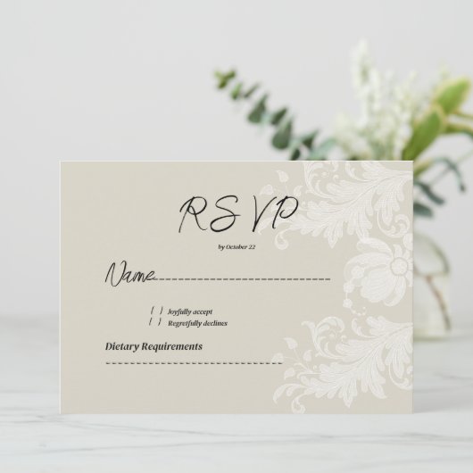 Rustic earthy neutral white floral lace RSVP 招待状 (スタンド正面)