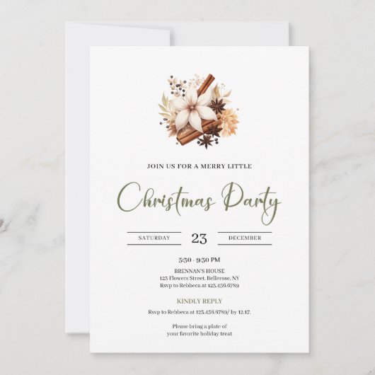 Rustic Earthy Olive Ivory Christmas Party Invite 招待状 (正面)