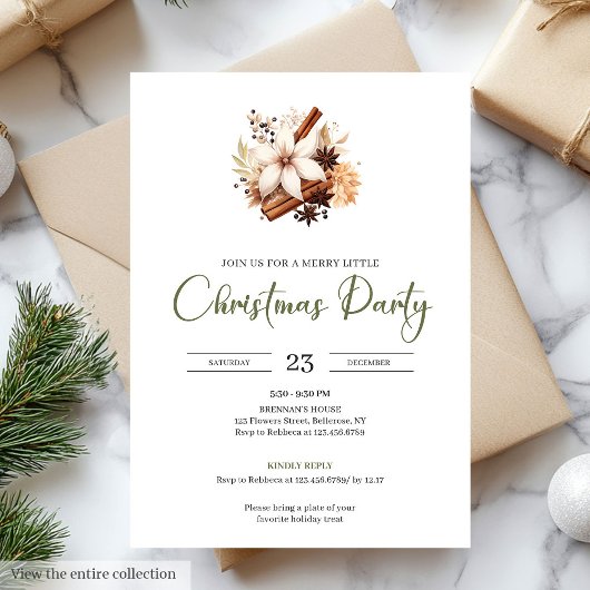 Rustic Earthy Olive Ivory Christmas Party Invite 招待状