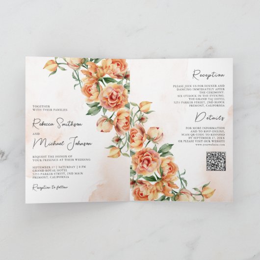 Rustic Earthy Peach Floral QR Code Wedding 招待状 (内部)