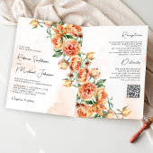 Rustic Earthy Peach Floral QR Code Wedding 招待状