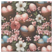 Rustic Easter Eggs & Wicker Basket Floral Fabric ファブリック (クローズアップ)