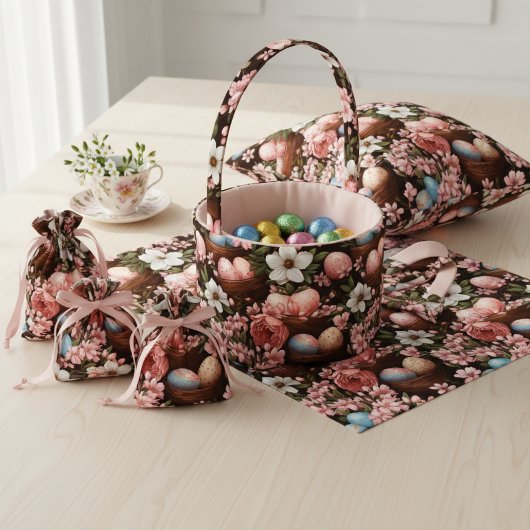 Rustic Easter Eggs & Wicker Basket Floral Fabric ファブリック