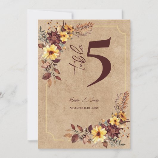 Rustic Editable Fall Floral Wedding Table Number サンキューカード (裏面)