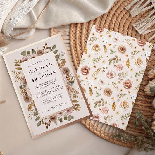Rustic Elegant Boho Rose Gold Floral Wedding  Foil 箔招待状