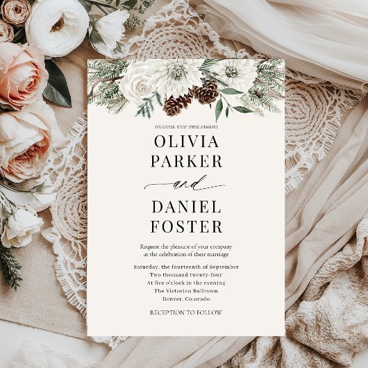 Rustic Elegant Evergreen Winter Wedding 招待状