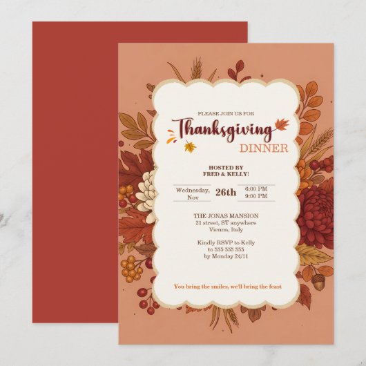 Rustic Elegant Floral Terracotta Invitation 招待状 (正面/裏面)