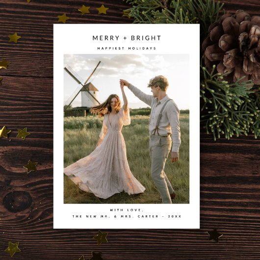 Rustic Elegant Merry and Bright Photo Newlywed シーズンカード