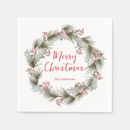 Rustic Elegant Watercolor Christmas Wreath スタンダードカクテルナプキン
