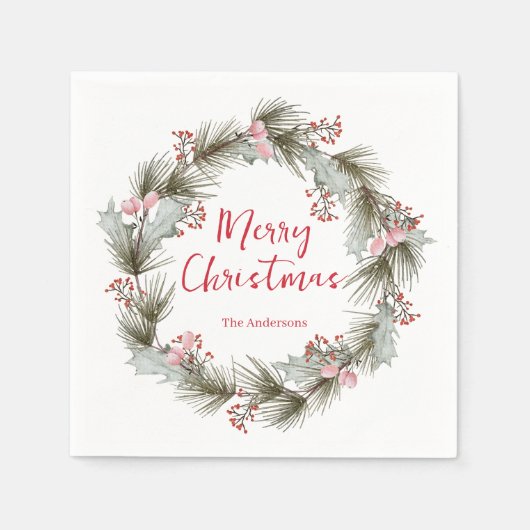 Rustic Elegant Watercolor Christmas Wreath スタンダードカクテルナプキン (正面)