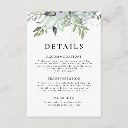Rustic Elegant Watercolor Greenery Wedding Details エンクロージャーカード (正面)