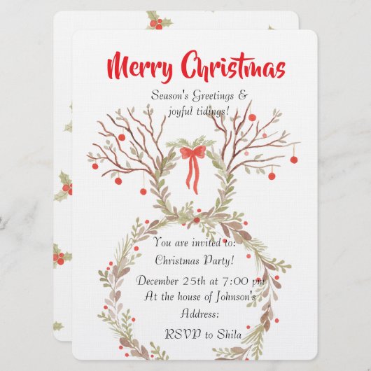 Rustic elegant watercolour Christmas invite cards 招待状 (正面/裏面)