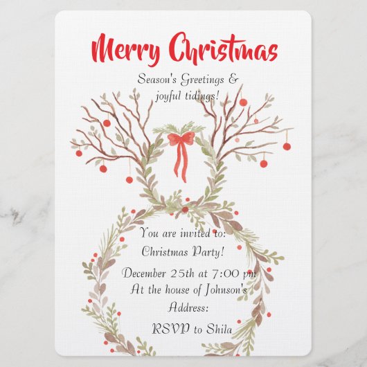 Rustic elegant watercolour Christmas invite cards 招待状 (正面)