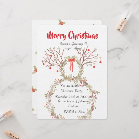 Rustic elegant watercolour Christmas invite cards 招待状 (正面/裏面インサイチュ)