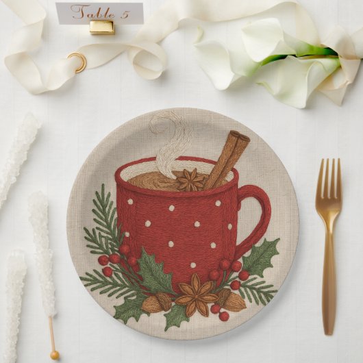  Rustic embroidery Christmas cocoa Mug Cinnamon ペーパープレート (ウェディング)