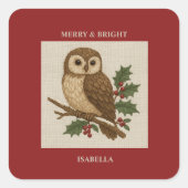 Rustic embroidery Christmas Owl with Holly スクエアシール (正面)