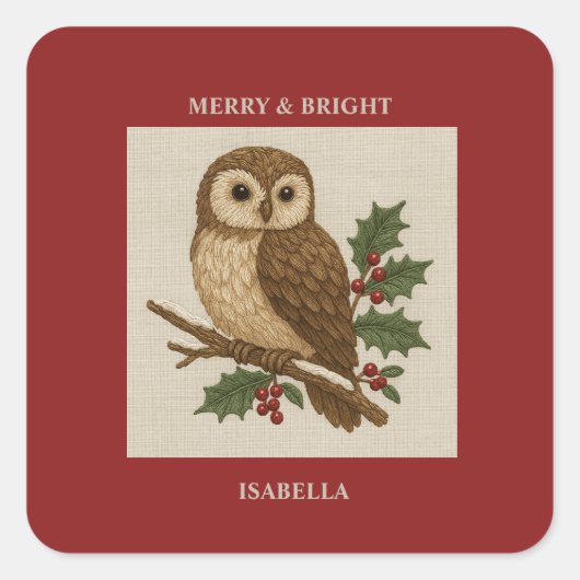 Rustic embroidery Christmas Owl with Holly スクエアシール (正面)