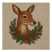 Rustic embroidery Deer & Holiday Greens christmas ポスター (正面)